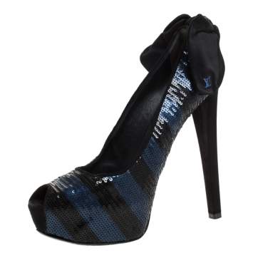 Pre Owned Louis Vuitton Blue/Black Sequin Peep Toe Platform Pumps Size 39