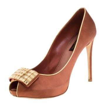 Pre Owned Louis Vuitton Bronze Satin Music Hall Open Toe Pumps Size 38