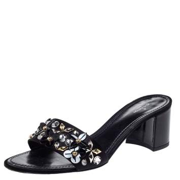 Pre Owned Louis Vuitton Black Satin Applique Embellished Block Heel Slide Sandals Size 39.5