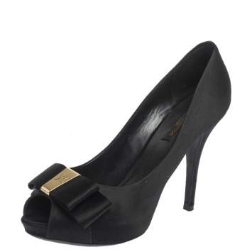 Pre Owned Louis Vuitton Black Satin Bow Peep Toe Pumps Size 37.5