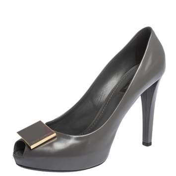 Pre Owned Louis Vuitton Grey Leather Logo Embellished Peep Toe Platform Pumps Size 38.5