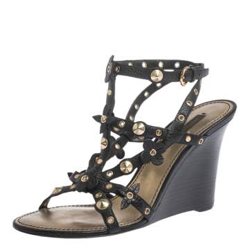 Pre Owned Louis Vuitton Black Leather Eyelet And Applique Embellished Strappy Wedge Sandals Size 38.5