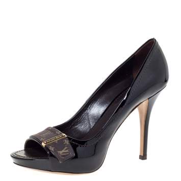 Pre Owned Louis Vuitton Dark Burgundy Monogram Idylle & Patent Leather Buci Pumps Size 37.5