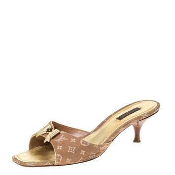 Pre Owned Louis Vuitton Brown Mini Lin Canvas Bow Slide Sandals Size 39