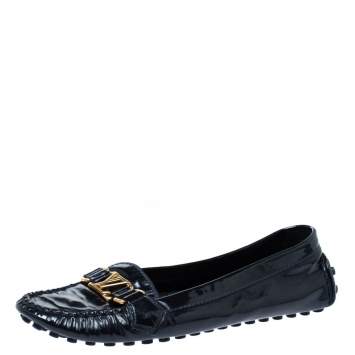 Pre Owned Louis Vuitton Black Patent Leather Logo Slip On Loafers Size 41