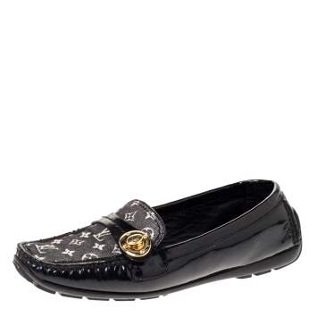 Pre Owned Louis Vuitton Black Patent And Mini Lin Monogram Canvas Loafers Size 37.5