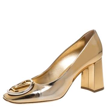 Pre Owned Louis Vuitton Gold Metallic Foil Leather Madeleine Square Toe Pumps Size 37.5