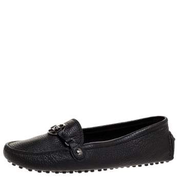 Pre Owned Louis Vuitton Black Textured Leather Monogram Flower Embellished Loafers Size 38