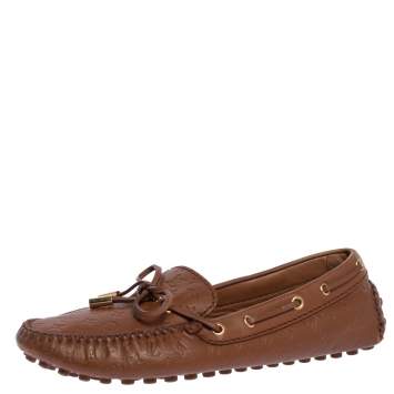 Pre Owned Louis Vuitton Monogram Brown Leather Gloria Bow Slip On Loafers 38