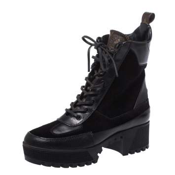 Pre Owned Louis Vuitton Black Suede, Monogram Canvas And Leather Laureate Platform Desert Ankle Boots Size 36.5