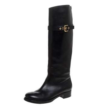 Pre Owned Louis Vuitton Black Leather Buckle Detail Knee Length Boots Size 37 