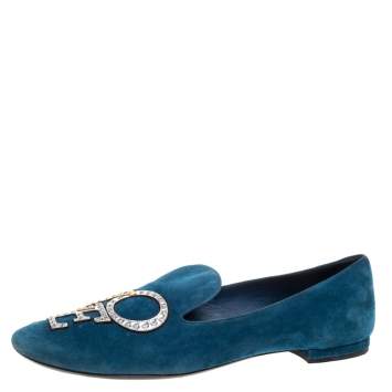 Pre Owned Louis Vuitton Blue Suede Love Loafers Size 39