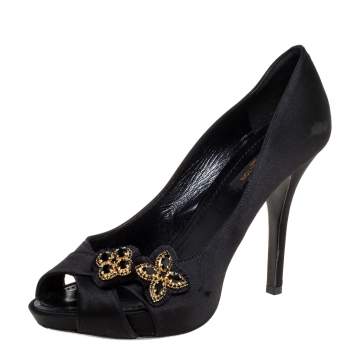 Pre Owned Louis Vuitton Black Satin Athen Crystal Brooch Peep Toe Platform Pumps Size 36.5