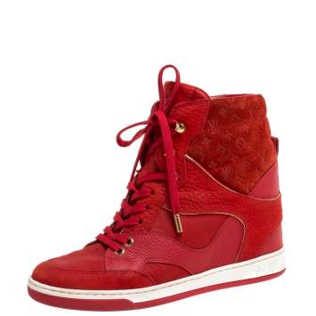 Pre Owned Louis Vuitton Red Suede Monogram Millenium Wedge Sneakers Size 36