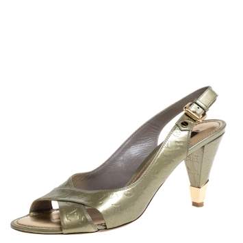 Pre Owned Louis Vuitton Green Monogram Vernis Criss Cross Slingback Sandals Size 39