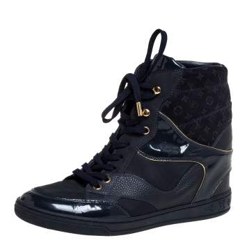 Pre Owned Louis Vuitton Blue Leather Monogram Cliff Top Wedge Ankle Boots Size 39.5
