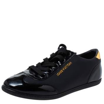 Pre Owned Louis Vuitton Black Satin And Patent Leather Low Top Sneakers Size 37