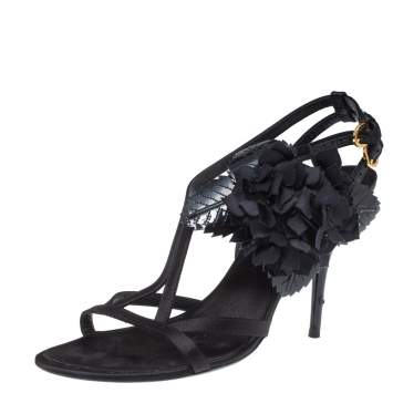 Louis Vuitton Black Satin And Patent Leather Flower Embellished Ankle Strap Sandal Size 39.5