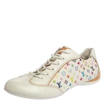 Pre Owned Louis Vuitton White Leather And Multicolor Monogram Canvas Lace Up Sneakers Size 40