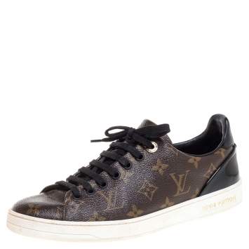 Pre Owned Louis Vuitton Monogram Canvas and Black Patent Leather Frontrow Low Top Sneakers Size 39