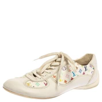 Pre Owned Louis Vuitton White Leather And Multicolor Monogram Canvas Lace Up Sneakers Size 38