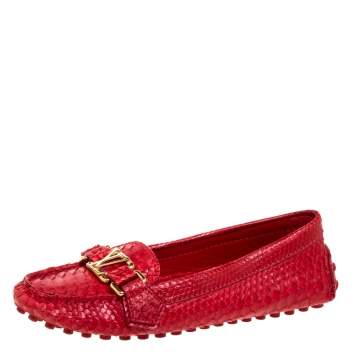 Pre Owned Louis Vuitton Red Python Leather Loafers Size 35