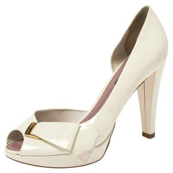 Pre Owned Louis Vuitton Off-White Patent Leather Apple Peep Toe Pumps Size 36.5