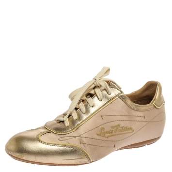 Pre Owned Louis Vuitton Gold/Beige Satin And Leather Low Top Sneakers Size 38.5