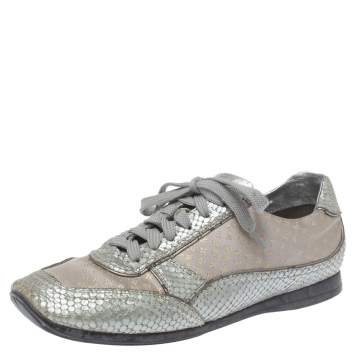 Pre Owned Louis Vuitton Silver/Beige Monogram Fabric and Python Lace Low Top Sneakers Size 38.5
