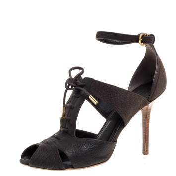 Pre Owned Louis Vuitton Moka Pebbled Leather Corfu Caged Sandals Size 38.5