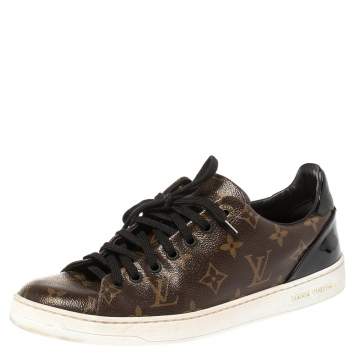 Pre Owned Louis Vuitton Brown/Black Monogram Canvas and Patent Leather Frontrow Low Top Sneakers Size 40