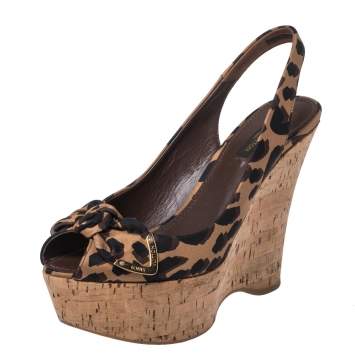 Pre Owned Louis Vuitton Brown/Beige Leopard Print Fabric Cork Wedge Platform Slingback Sandals Size 37.5
