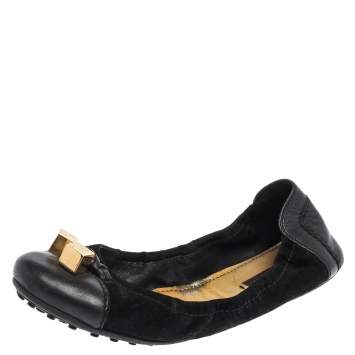 Pre Owned Louis Vuitton Black  Suede And Leather Dice Scrunch Ballet Flats Size 38