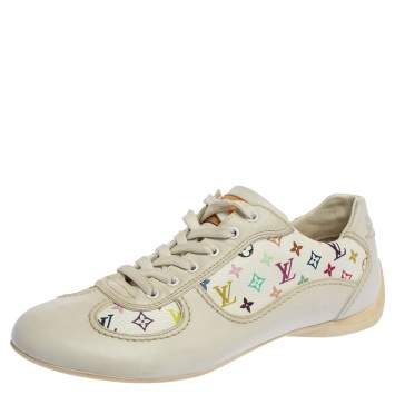 Pre Owned Louis Vuitton White Leather And Multicolor Monogram Canvas Lace Up Sneakers Size 34