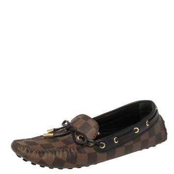 Pre Owned Louis Vuitton Damier Ebene Canvas And Leather Gloria Flat Loafers Size 37.5