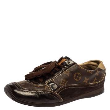 Pre Owned Louis Vuitton Brown Monogram Canvas and Patent Leather Globe Trotter Sneakers Size 40.5