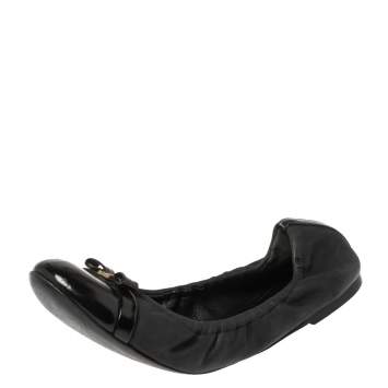 Pre Owned Louis Vuitton Black Patent and Leather Elba Scrunch Ballet Flats Size 36
