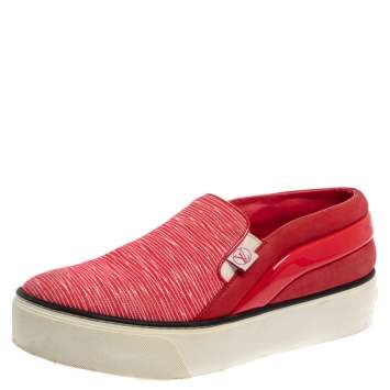 Pre Owned Louis Vuitton Red Canvas And Leather Slip On Sneaker Size 37