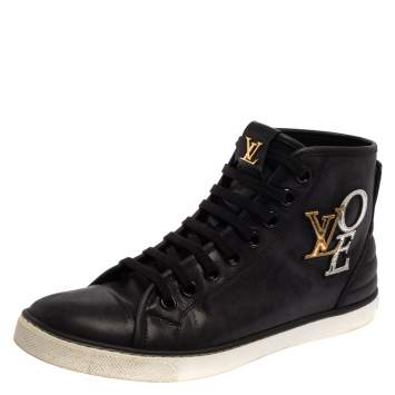 Pre Owned Louis Vuitton Black Leather Punchy Love Patch High Top Sneakers Size 38.5