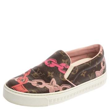 Pre Owned Louis Vuitton Brown Monogram Canvas Chain Print Harbor Slip on Sneakers Size 36