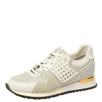 Pre Owned Louis Vuitton White Ivory Leather And Grey Suede Run Away Lace Up Sneakers Size 37