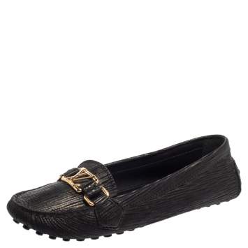 Pre Owned Louis Vuitton Black Epi Leather Logo Slip On Loafers Size 38