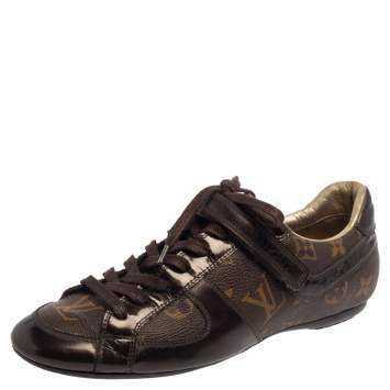 Pre Owned Louis Vuitton Brown Monogram Canvas And Patent Leather Low Top Sneakers Size 36 