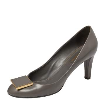 Pre Owned Louis Vuitton Grey Leather Logo Embellished Pumps Size 38