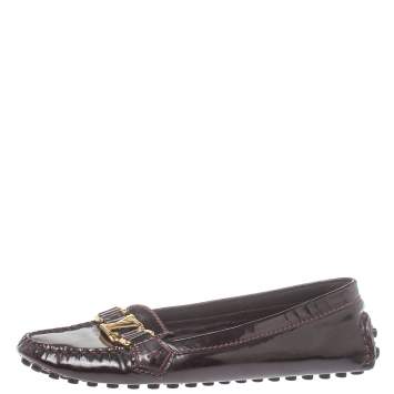 Pre Owned Louis Vuitton Burgundy Patent Leather Loafers Size 38