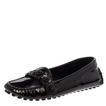 Pre Owned Louis Vuitton Black Patent Leather Logo Slip On Loafers Size 36.5