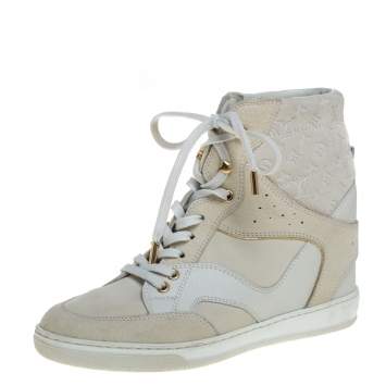 Pre Owned Louis Vuitton Beige/White Leather And Embossed Monogram Suede Millenium Wedge Sneakers Size 36.5