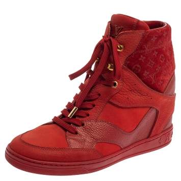 Pre Owned Louis Vuitton Red Leather And Embossed Monogram Suede Millenium Wedge Sneakers Size 37.5