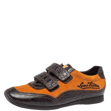 Pre Owned Louis Vuitton Brown/Orange Croc Embossed Leather and Suede Feeding  Sneaker Size 38