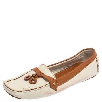 Pre Owned Louis Vuitton White/Brown Leather Slip On Loafers Size 40